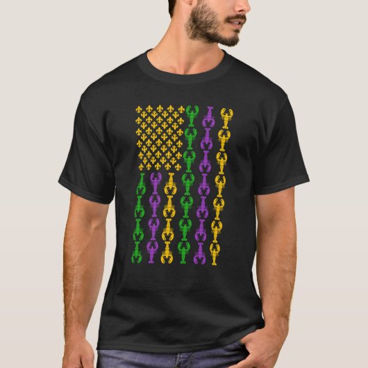 T-shirt Drapeau US Mardi Gras avec Fleur de Lis Crawfish (Devant)