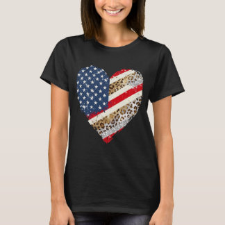T-shirt Drapeau USA Léopard Cœur 4 juillet