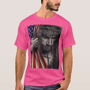 T-shirt Drapeau vintage Américain Et Jésus Croix Christian