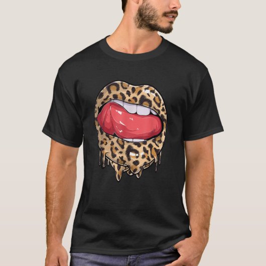 T-shirt Dripping Lips Kiss Leopard Cheetah Print Funny (Devant)