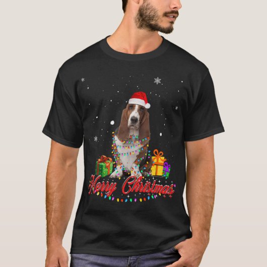 T-shirt Drôle Basset Hound Chien Noël Père Noël Noël L (Devant)