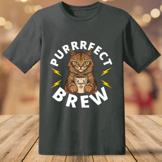 T-shirt Drôle brune Purrfect brasse avec chat et café