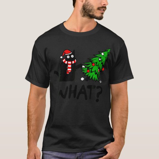 T-shirt Drôle cadeau de chat noir Poussant l'arbre de Noël (Devant)