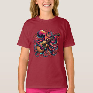 T-shirt Drôle Cartoon Octopus Jouer de la guitare