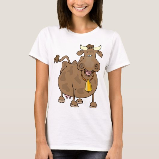 T-shirt Drôle Cartoon Vache Brown avec Bell Animal de ferm (Devant)