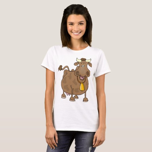 T-shirt Drôle Cartoon Vache Brown avec Bell Animal de ferm (Devant entier)