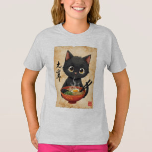 T-shirt Drôle Chat Noir Manger Ramen Cute Japonais Kawaii