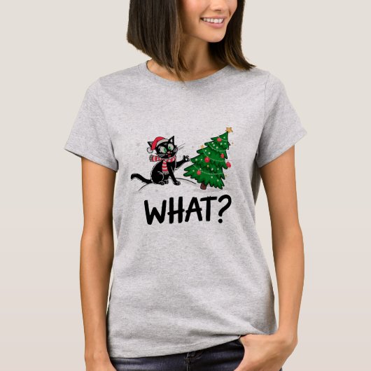 T-shirt Drôle Chat Noir Poussant Arbre De Noël Chat Quoi ? (Devant)
