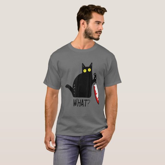 T-shirt Drôle Chat Noir Quoi ? Tenir Des Hommes De Couteau (Devant entier)