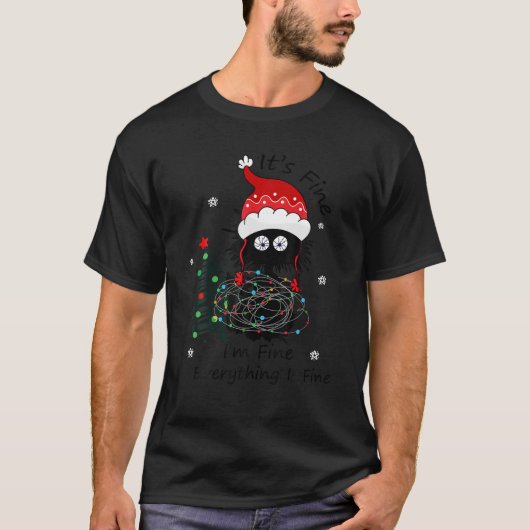 T-shirt Drôle Chat Noir Tangé Dans Les Lumières De Noël (Devant)