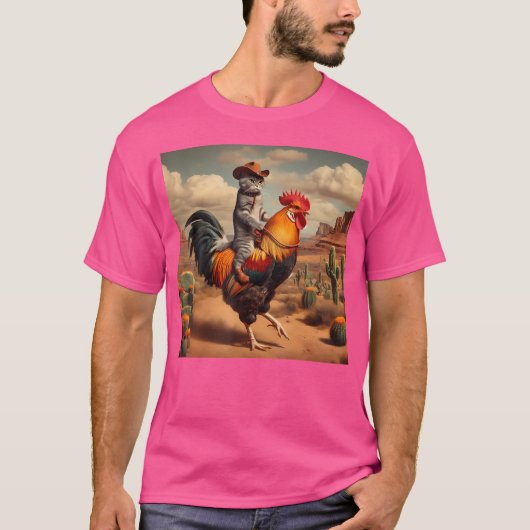 T-shirt Drôle Chat Riding Rooster Cowboy Rodeo Chat Riding (Devant)