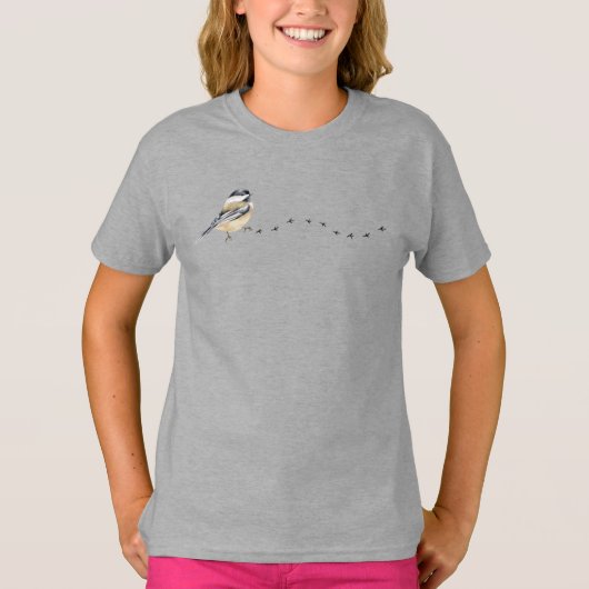 T-shirt Drôle Chickadee mignon Petite piste d'oiseaux (Devant)