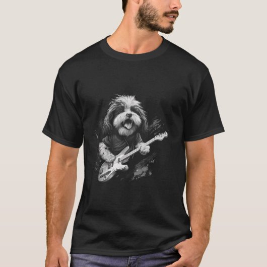 T-shirt Drôle Chih Tzu Chien Jouant Guitare Rock Long Manc (Devant)