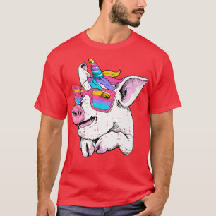 T-shirt Drôle Cochon Piglet Unicorn Horn Lunettes jolie fe