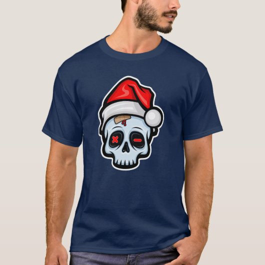 T-shirt Drôle crâne de Noël, style de dessin (Devant)