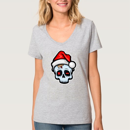 T-shirt Drôle crâne de Noël, style de dessin (Devant)