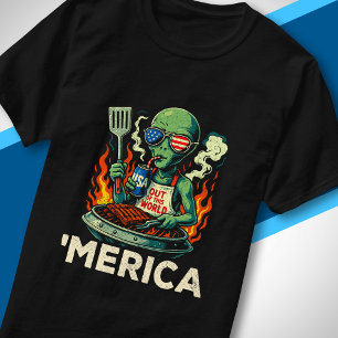 T-shirt Drôle d'Amérique Alien Barbecue Grillade Patriotiq