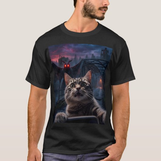 T-shirt drôle de chat choqué en selfie et cryptide (Devant)