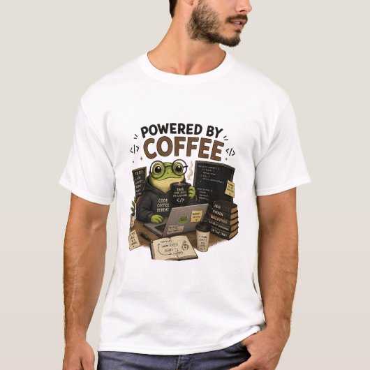 T-shirt drôle de programmeur alimenté par le café (Devant)