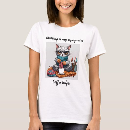 T-shirt drôle de tricot Superpuissance Chat (Devant)