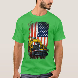 T-shirt Drôle Excavateur Lourd Machinerie US Drapeau 1