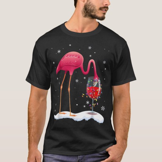 T-shirt Drôle Flamant rose rose Boire du vin à Noël Noël N (Devant)