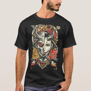 T-shirt Drôle Geisha Et Démon Fleurs Japonaises Cerry Blo