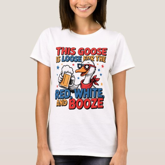T-shirt Drôle Goose Rouge Blanc Booze 4 juillet (Devant)