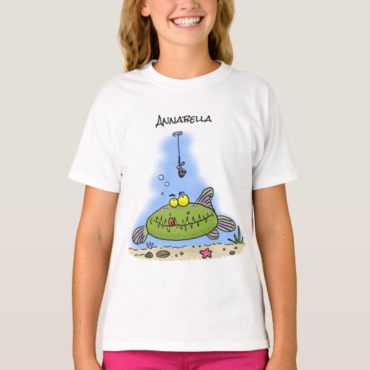 T-shirt Drôle gras affamé poisson vert dessin de pêche (Devant)
