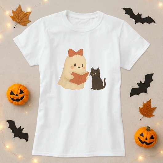 T-shirt Drôle Halloween Ghost Cat Lecture