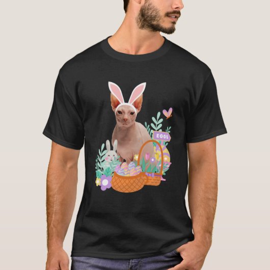 T-shirt Drôle heureux Pâques sphynx chat lapin oeufs panie (Devant)