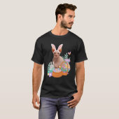 T-shirt Drôle heureux Pâques sphynx chat lapin oeufs panie (Devant entier)