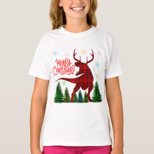 T-shirt drôle joyeux noël dinosaure cerf carreaux