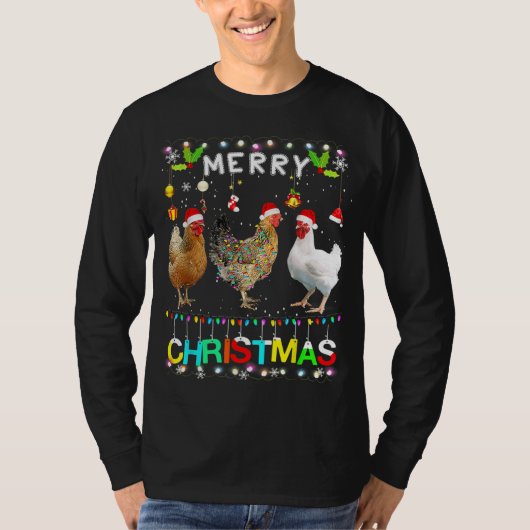 T-shirt Drôle Joyeux poulet de Noël Santa Hat Lights Xma (Devant)