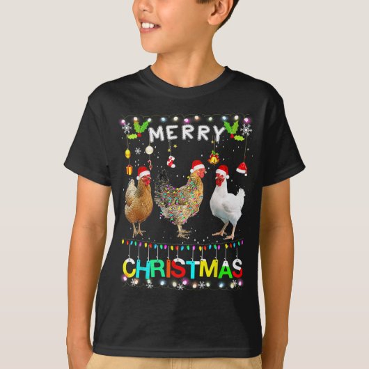 T-shirt Drôle Joyeux poulet de Noël Santa Hat Lights Xma (Devant)