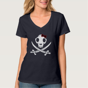 T-shirt Drôle Kitty Pirate Crâne Os Noir Blanc