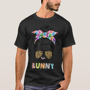 T-shirt Drôle Mama Bunny Leopard Messy Bun Joyeux jour de