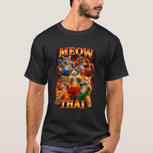 T-shirt Drôle Meow Thai Muay Chat Ironic Bootleg Meme Long (Devant)