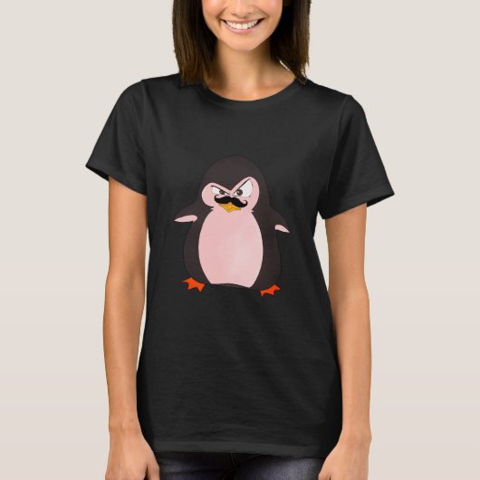 T-shirt Drôle mignon noir rose orange pingouin en colère (Devant)