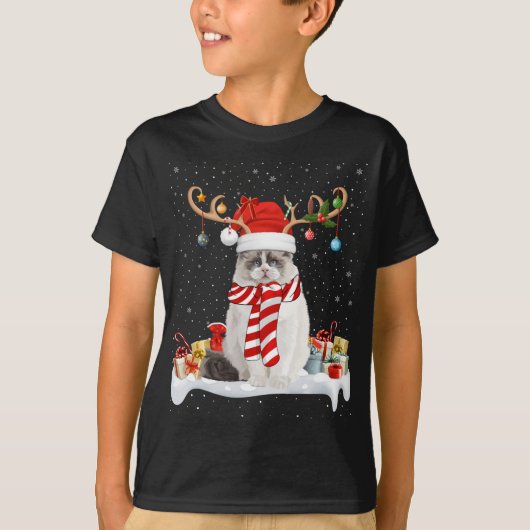 T-shirt Drôle Noël Éclairage Reindeer Santa Hat Ragdoll Ch (Devant)