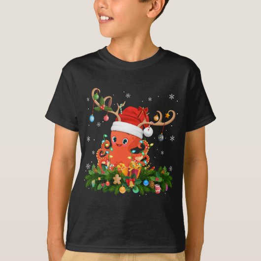 T-shirt Drôle Noël Reindeer Casquette Père Noël Octopus Ch (Devant)