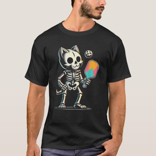 T-shirt Drôle Pickleball Cat Skeleton Jouer Sur Hal (Devant)