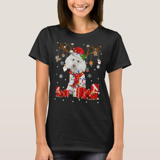 T-shirt Drôle Poodle Chien Reindeer Noël Light Chien Aimer (Devant)