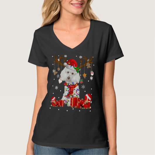 T-shirt Drôle Poodle Chien Reindeer Noël Light Chien Aimer (Devant)