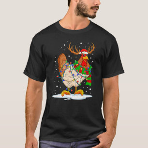 T-shirt Drôle Poulet Père Noël Reindeer Avec Lumière Noël