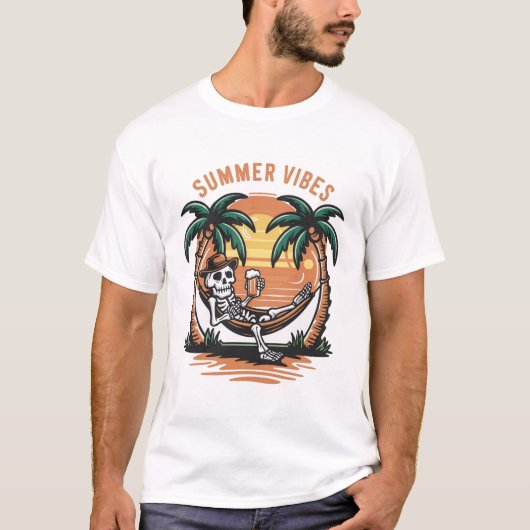 T-shirt Drôle Skeleton chilling Summer Vibes (Devant)