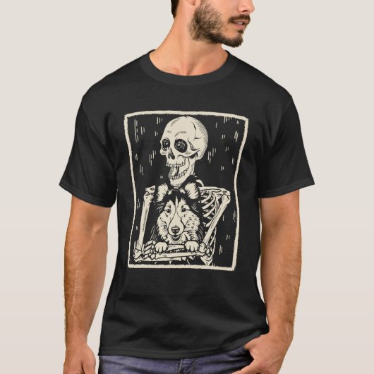 T-shirt Drôle Skeleton Hugs Shetland Sheepdog Chien (Devant)