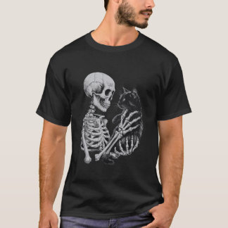 T-shirt Drôle Skeleton jouant avec un chat Graphic Skull C