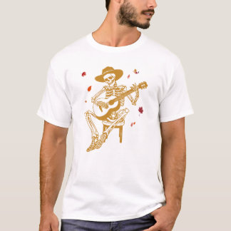 T-shirt Drôle Squelette Jouer de la guitare avec les feuil