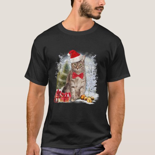 T-shirt Drôle Tabby Chat Porter Noël Chapeau Graphique Noë (Devant)